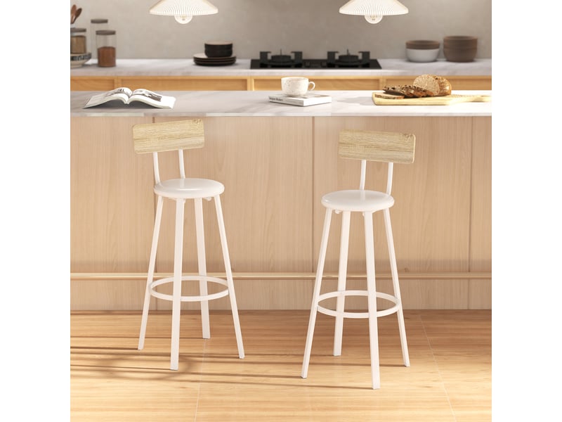  Lot de 2 tabourets de bar, chaises de bar, assise rembourrée 75,5h cm, dossier et repose-pieds, bois naturel et blanc  - Conforama D
