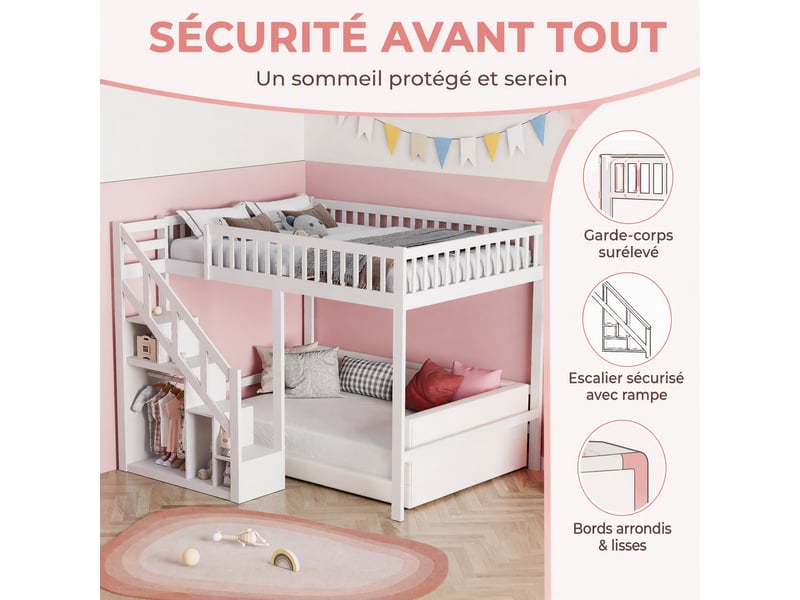  Lit mezzanine enfant 90x200 cm avec escalier de rangement, lit surélevé avec sommier et barrière, lit avec rangement, cadre de lit, bois massif, blanc, matelas non inclus  - Conforama W