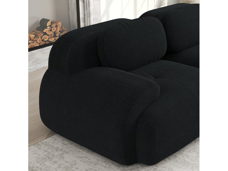 Canapé modulaire 3 places 298x178x70 cm, trois poufs, larges accoudoirs, assise 32d, velours côtelé, noir - Conforama E