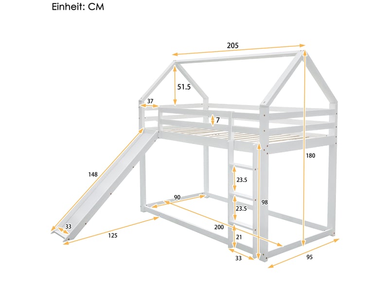  Lit enfant maison blanc 90 × 200 cm, lit superposé avec toboggan et échelle  - Conforama C