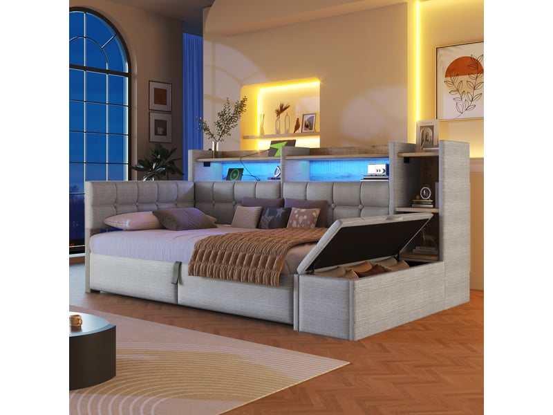  Lit coffre hydraulique 90x200 cm avec led multicolore, usb et usb-c et banc coffre, velours gris, sans matelas  - Conforama W