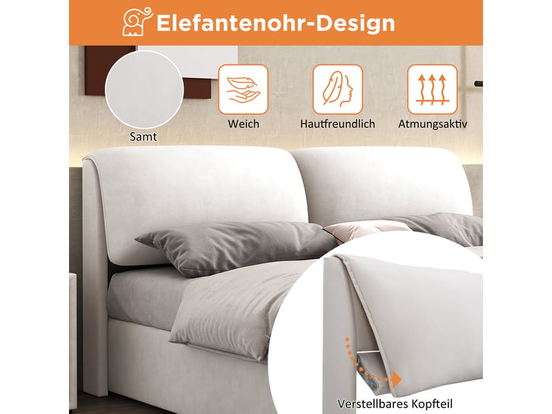 Lit coffre 180x200 cm beige, velours, sommier relevable hydraulique, 3 tiroirs, tête de lit réglable, sommier à lattes inclus - Conforama D