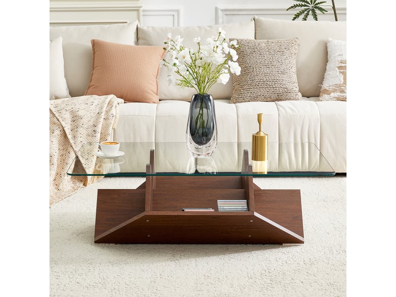  Table basse moderne, verre trempé et mdf effet noyer, multiples rangements, pour salon et bureau  - Conforama B