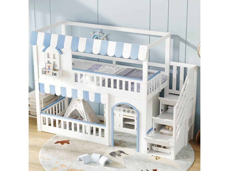  Lit superposé enfant avec escalier rangement, fenêtres décoratives, barrières et sommier stable, 90x200cm, blanc et bleu  - Conforama D