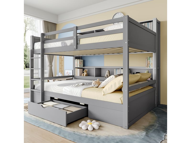  Lit superposé 90x200cm(90x200cm) sans matelas, pin et mdf, tiroirs, rangements, gris pour chambre  - Conforama D
