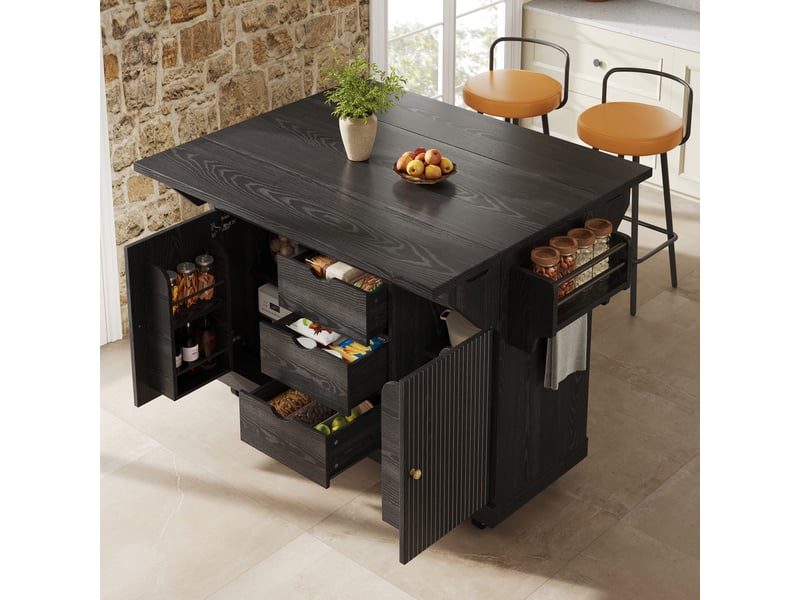  Desserte de cuisine avec plateau extensible, chariot de cuisine avec tiroirs, hauteur 95 cm, noir  - Conforama E