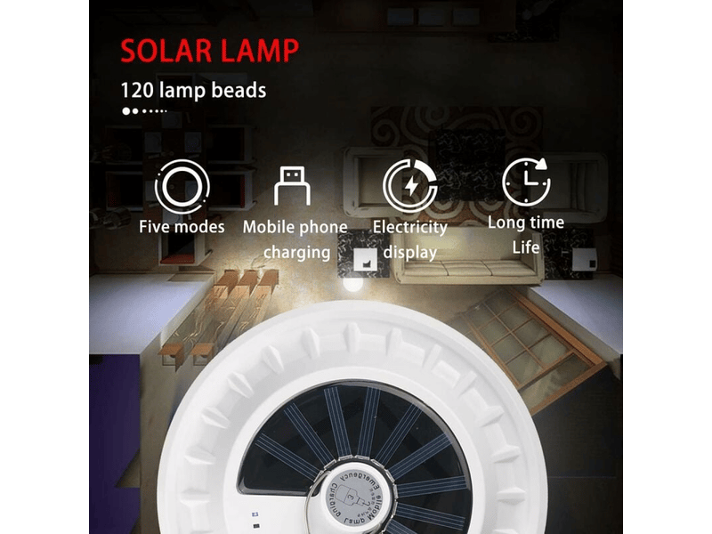  Lanterne de camping solaire 120 led avec télécommande, batterie rechargeable usb, lampe de camp à gradation, portable, étanche ipx7, blanc  - Conforama C