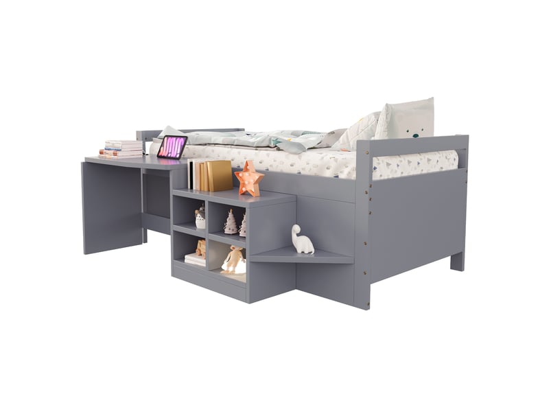  Lit enfant 90x200 cm avec bureau et rangements en bois gris  - Conforama A