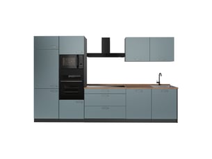 Vicco cuisine, bleu-grisanthracite, 340cm plan de travail chêne doré
