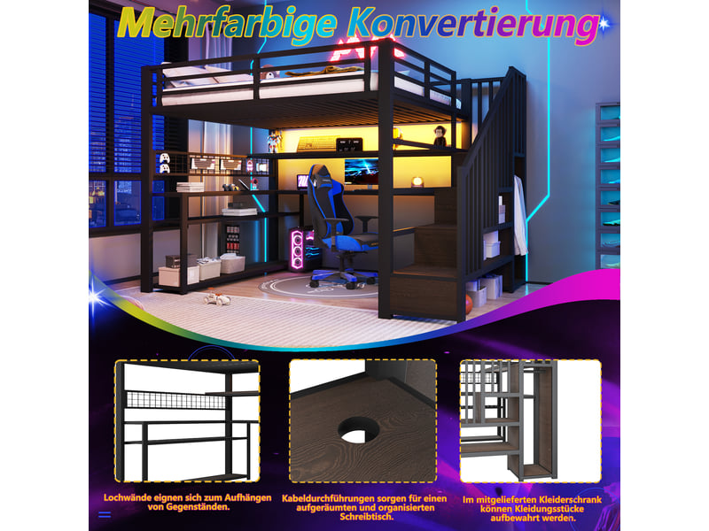 Lit mezzanine double 140×200 cm avec led, bureau, armoire et rangements - okmyhome- métal noir, sans matelas  - Conforama E