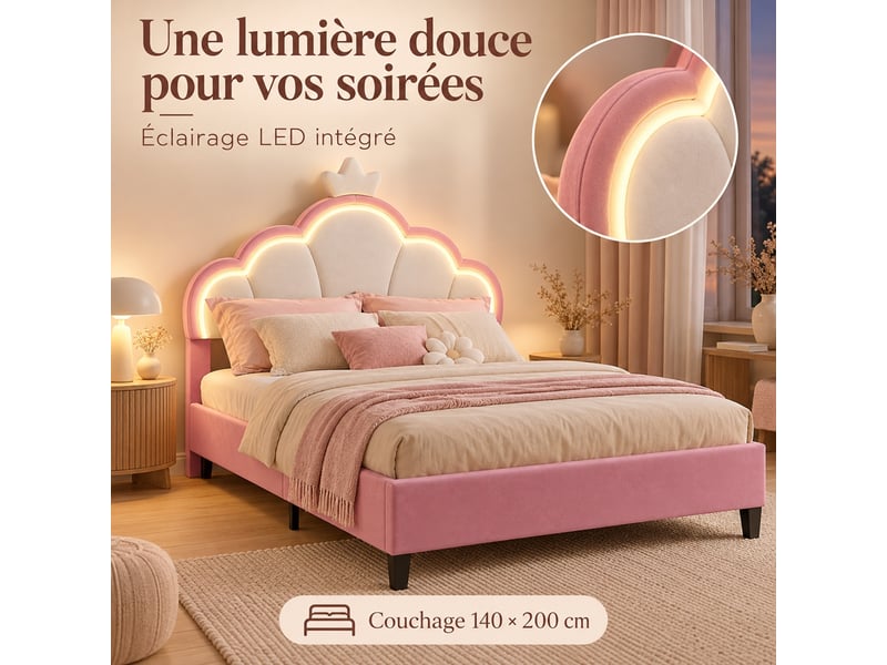 Lit enfant fille 140x200 cm en velours, lit rembourré double avec led, lit princesse avec tête de lit réglable, décoration couronne et sommier à lattes, design rembourré moderne, rose - Conforama D