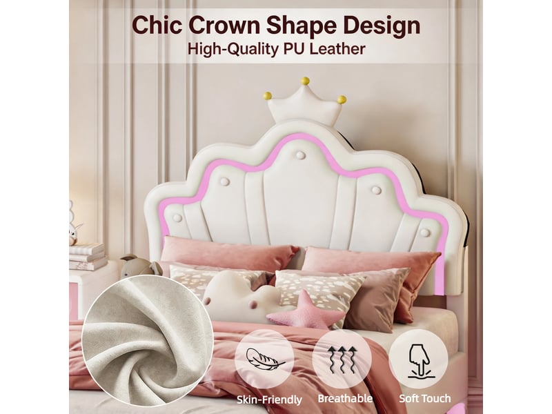  Lit enfant 90x190 cm, lit rembourré en similicuir pu blanc avec tête de lit couronne et nuage, éclairage double led rgb (tête et sous le lit), hauteur réglable  - Conforama E