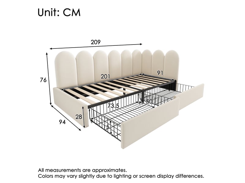  Lit banquette 90x200 cm lit simple avec 2 tiroirs, côtés réversibles, sommier à lattes, velours beige Seren Glow - Conforama C