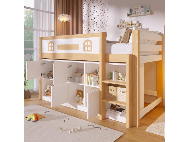  Lit mezzanine 90 × 200 cm 1 place avec tableau noir, rangements et échelle, sans matelas, en bois blanc et naturel  - Conforama B