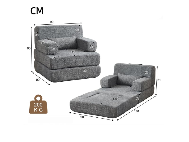  Canapé droit 2-en-1, canapé modulable en chenille et cadre en fer, siège d'appoint réglable pour salon, chambre ou bureau, 80 x 90 x 90 cm, gris  - Conforama C