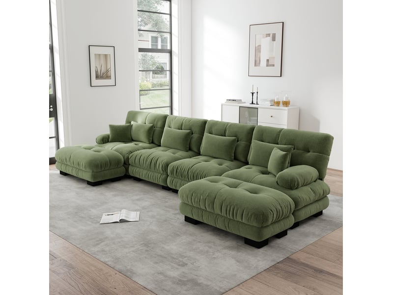 Canapé modulable 4 places en chenille vert avec ottomans mobiles - Conforama D
