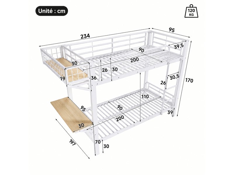 Lit superposé 90 x 200 cm avec bureau intégré, structure métal et mdf, garde-corps, échelle et rangement ouvert - Conforama C