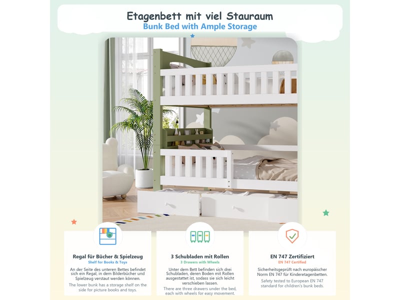  Lit superposé enfant 90x200 cm en bois blanc et vert avec échelle, barrière de sécurité haute, étagère latérale et 3 tiroirs de rangement  - Conforama E