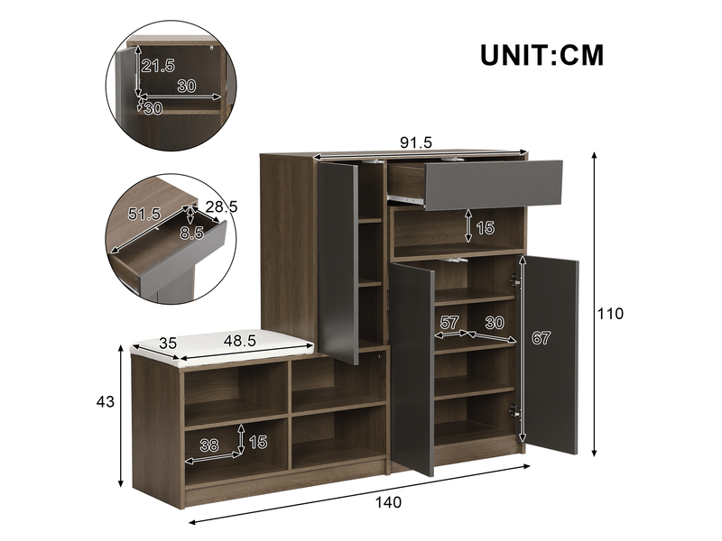  Meuble à chaussures avec banc rembourré – rangement modulable gris – 140 x 35 x 110 cm  - Conforama D