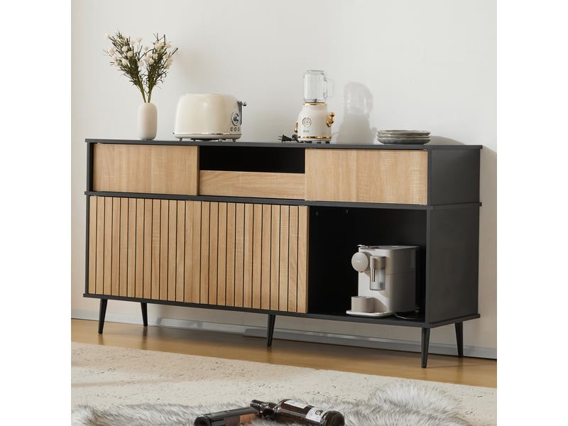 Commode moderne - 4 portes coulissantes - 1 tiroir - chêne et noir - panneau de particules 160x40x80cm - Conforama E
