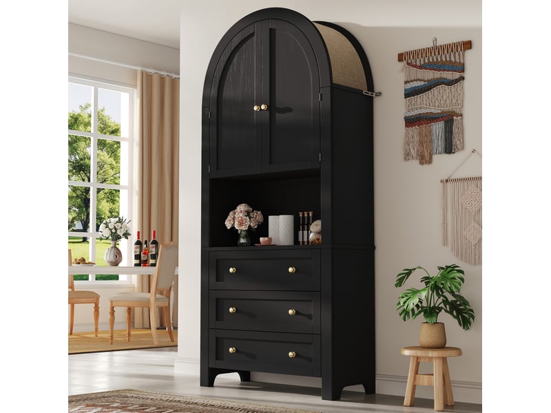  Armoire de rangement haute 70x35x180 cm 3 tiroirs mdf noir avec portes, rangement ouvert et design incurvé  - Conforama B
