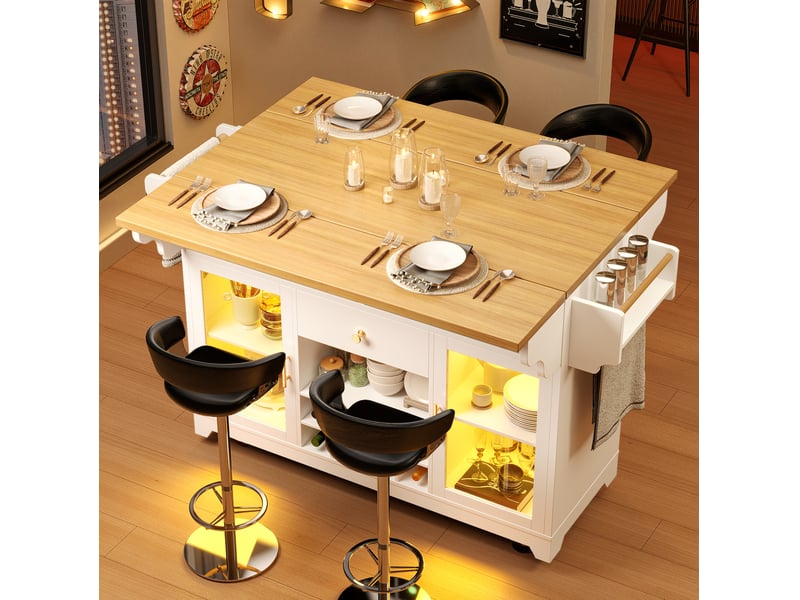 Desserte de cuisine 120x80x95 cm avec plateaux rabattables et led coloris blanc - Conforama D