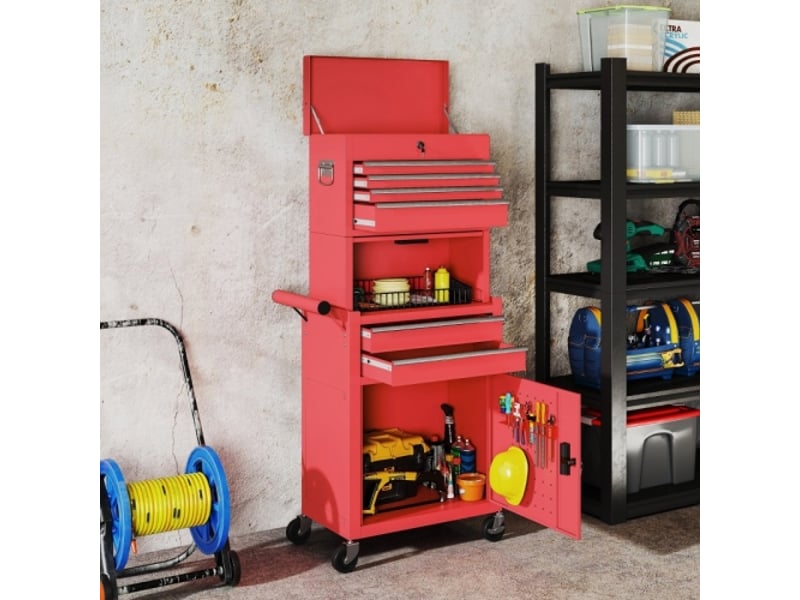  Armoire à outils roulante rouge en acier avec 6 tiroirs et 2 portes, meuble de rangement verrouillable pour atelier  - Conforama E