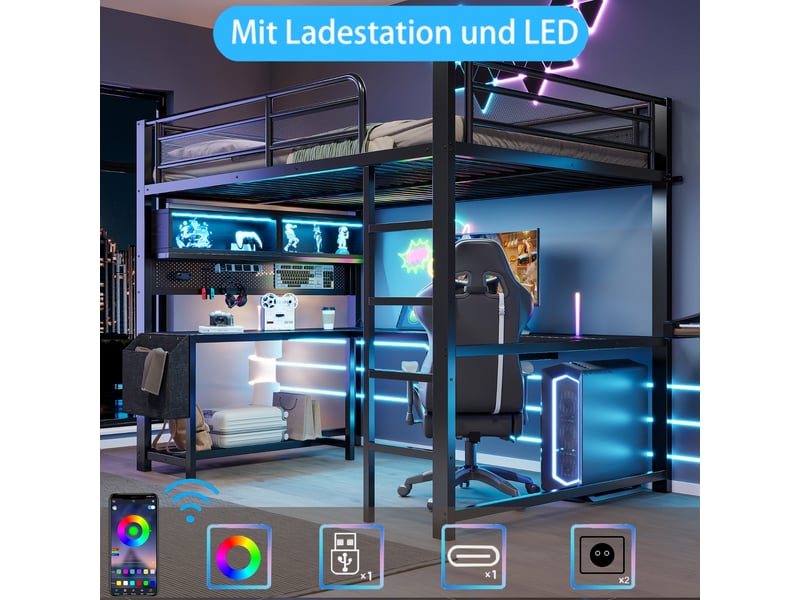  Lit mezzanine gaming 140x200 avec bureau, rangements, led et charge, noir  - Conforama E