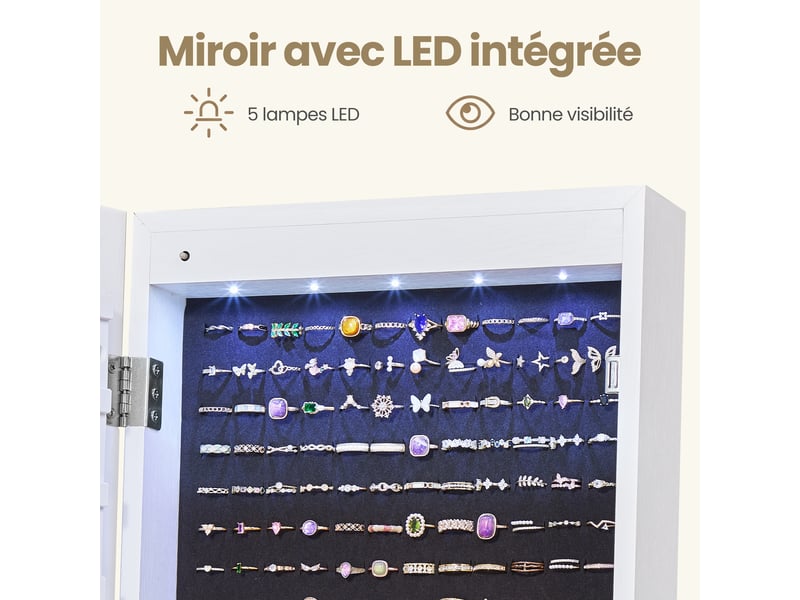  Armoire à bijoux miroir sur pied avec rangement pivotant à 360° verrouillable 48,5 x 48,5 x 152,3 cm blanc et noir  - Conforama C