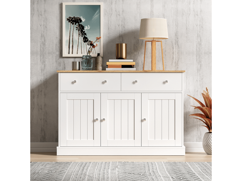  Buffet haut moderne gravé – finition texturée, rangements spacieux, séjour – 160 x 45 x 180 cm  - Conforama B