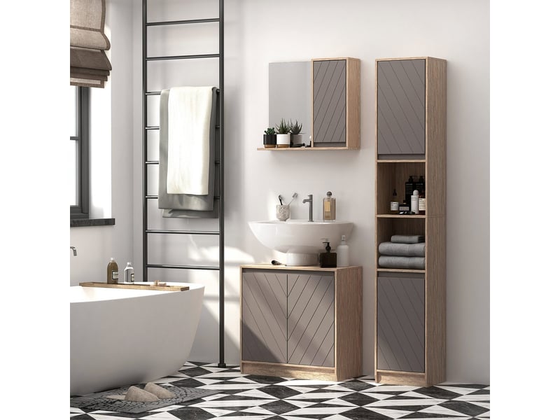 Colonne de salle de bain étroite 2 portes 2 étagères ouvertes 30x24x170 cm chêne et gris 834-240 - Conforama C