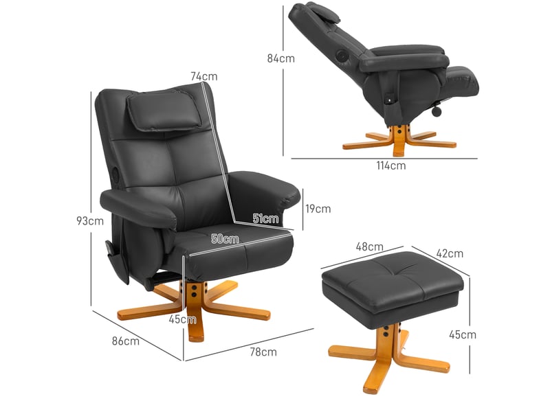  Fauteuil de salon, fauteuil massant avec repose-pied, revêtement synthétique, 86x78x93cm, noir  - Conforama E