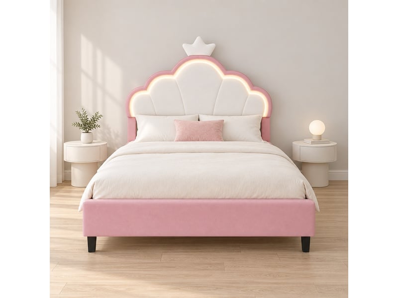  Lit enfant 2 places 140x190 cm, lit avec tête de lit réglable couronne, led,  velours rose et blanc  - Conforama D