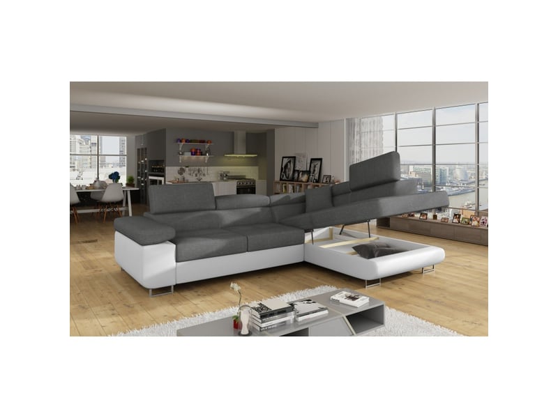  Canapé d'angle convertible menton gris clair et blanc – 4 places avec coffre  - Conforama E