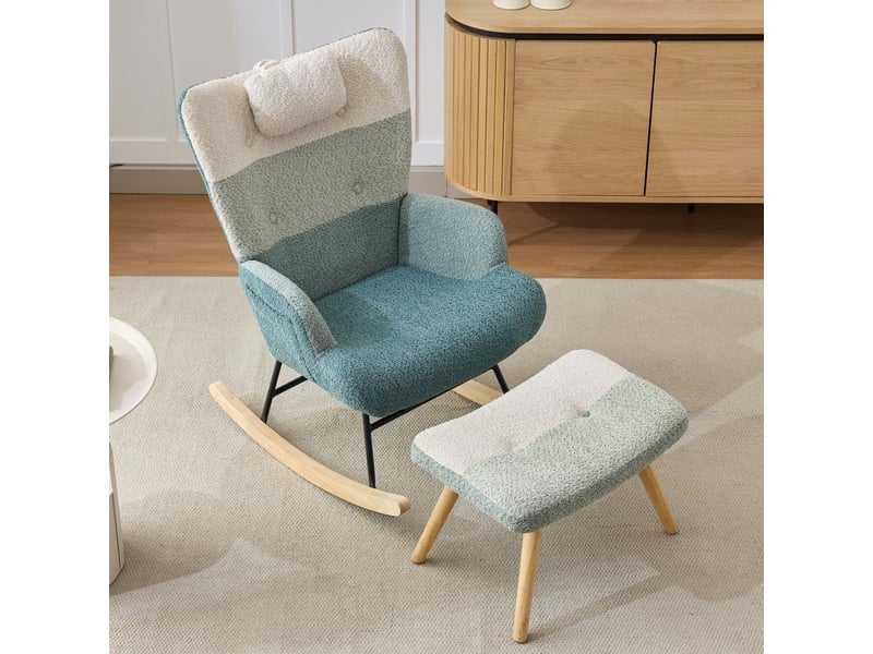  Fauteuil à bascule relax - 83x65,5x95 cm - avec repose-pieds rayé patch boucle pieds bois et métal - multicolore  - Conforama C