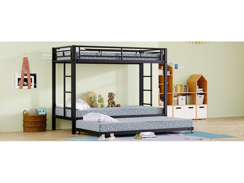  Lit superposé 90 x 200 cm, lit enfant à trois couchages, couchage gigogne, sommier à lattes inclus, rangements intégrés, métal, noir Morn Vibe - Conforama E