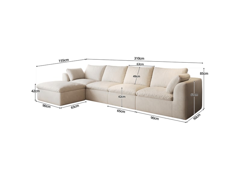  Canapé d'angle gauche 5 places 310 x 155 cm beige blanc en tissu de lin, mousse haute élasticité  - Conforama E