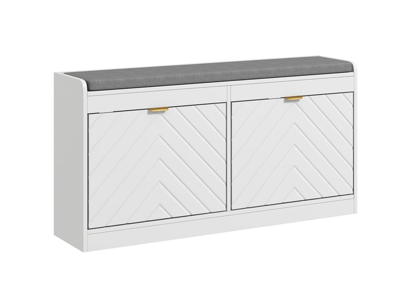  Banc à chaussures, banc de rangement, assise rembourrée, tiroir rabattable, porte avec motif 106 x 24 x 52,5 cm, blanc  - Conforama A