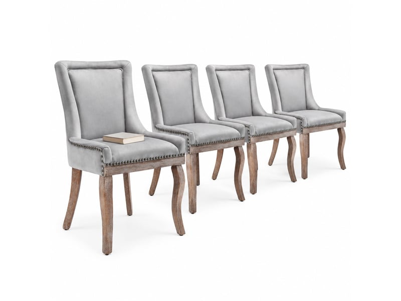  Lot de 4 chaises de salle à manger en velours gris avec pieds en bois et clous décoratifs  - Conforama A