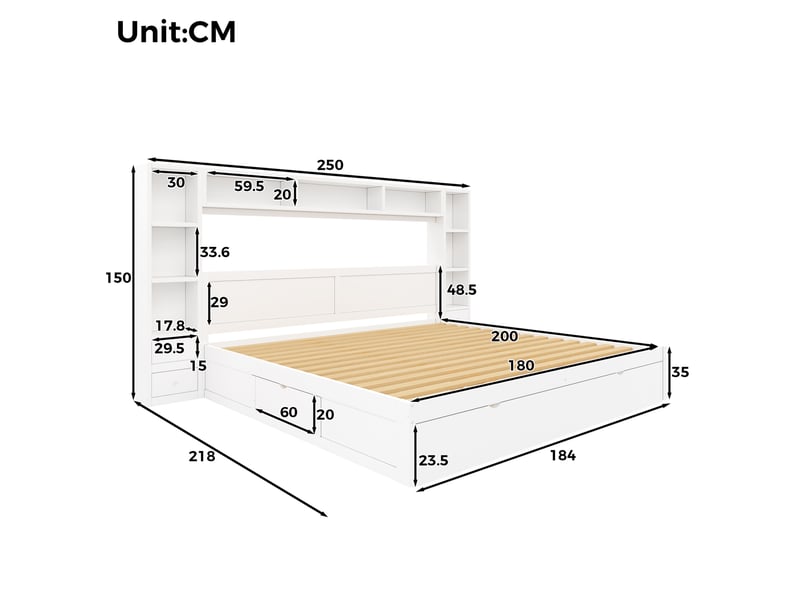  Cadre de lit plateforme 180x200 cm avec rangement, 7 tiroirs, éclairage led, mdf, coloris blanc, vendu sans matelas  - Conforama C