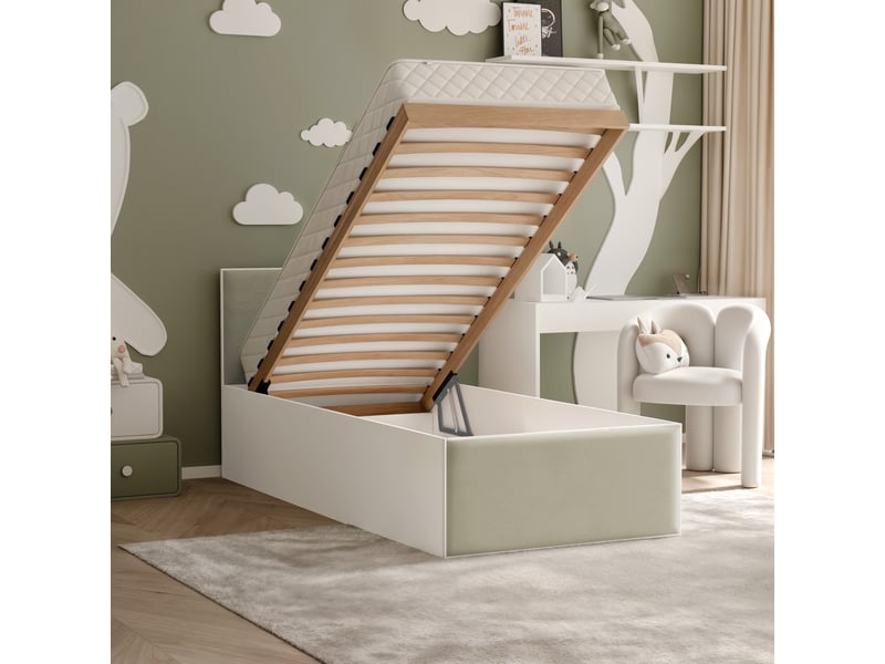  Lit coffre sashi - 90x200 cm - avec matelas - tissu velours - blanc gris-vert SASHI - Conforama C