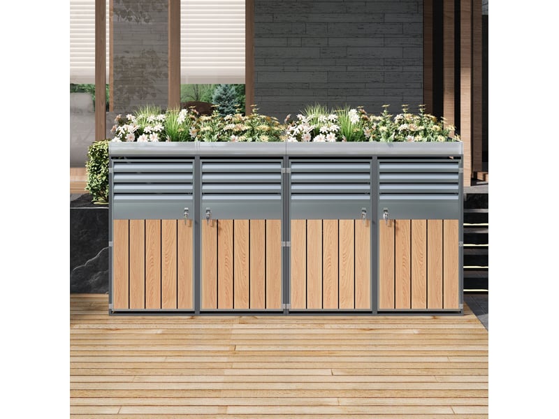  Abri pour poubelles extérieur 4 portes en acier galvanisé gris effet bois clair avec bac à plantes verrouillable  - Conforama B