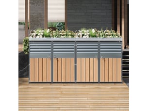 Abri pour poubelles extérieur 4 portes en acier galvanisé gris effet bois clair avec bac à plantes verrouillable