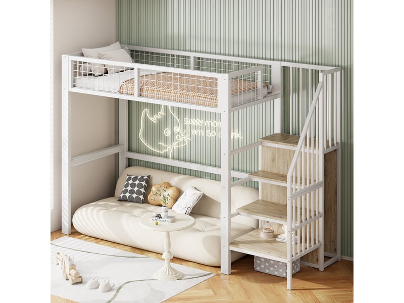  Lit surélevé enfant 90*200 cm blanc, échelle sécurisée, structure fer, étagère et penderie intégrée  - Conforama E