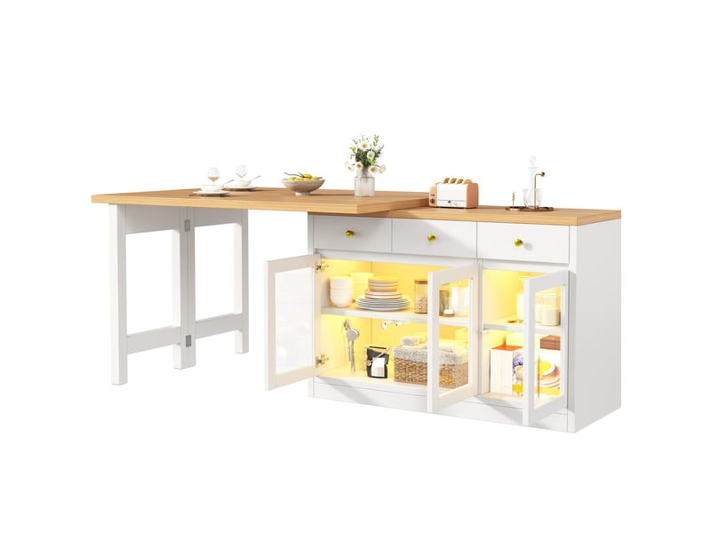  Îlot de cuisine extensible avec led, 3 tiroirs et portes vitrées, blanc, 120-200x40x75,5 cm  - Conforama A