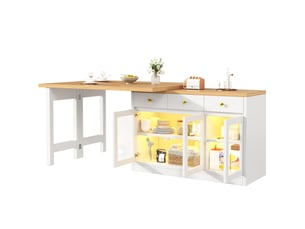 Îlot de cuisine extensible avec led, 3 tiroirs et portes vitrées, blanc, 120-200x40x75,5 cm