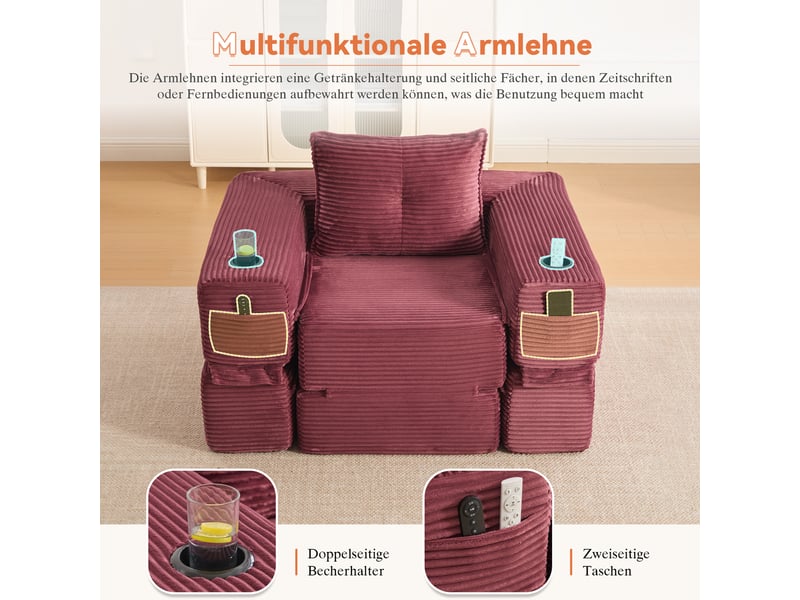 Canapé convertible 2 places en velours côtelé bordeaux avec tiroir de rangement et porte-gobelet - Conforama E