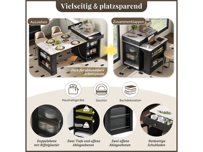 Îlot de cuisine sur roulettes table extensible 80 x 71-151 cm multiprise tiroir meuble bar noir - Conforama E