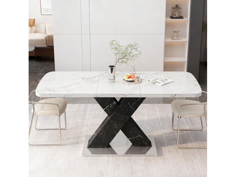  Table à manger extensible 120 à 160 cm, effet marbre blanc, piètement noir  - Conforama B
