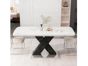 Table à manger extensible 120 à 160 cm, effet marbre blanc, piètement noir